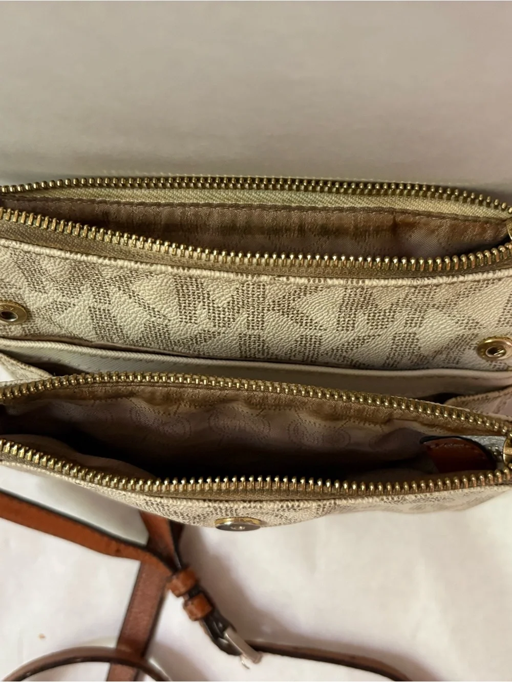 Michael Kors Beige & Brown Leather MK Crossbody purse